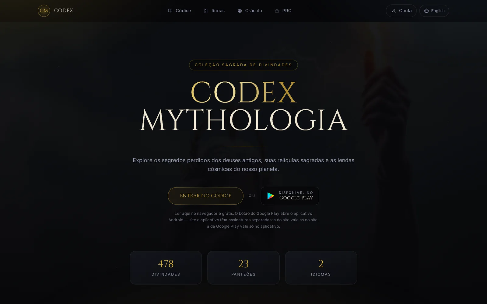 Tela inicial do site Codex Mythologia